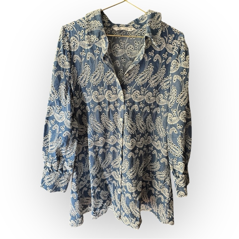 Zara Blue and White Embroidered Paisley Button Down Shirt Dress